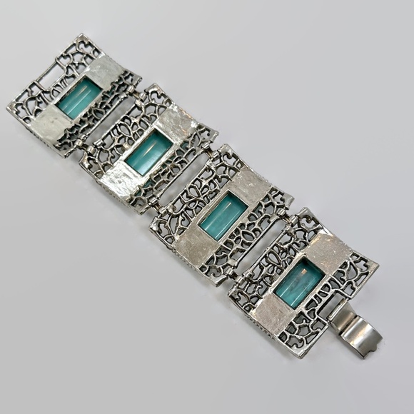 Thermoset Bracelet, Wide, 50s, Faux Turquoise, Mid Century, Silver Tone, Ornate - Picture 3 of 5